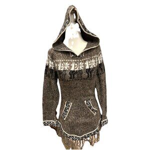 Alpaca Sweater XS/S Charcoal Brown Andean Knit Peru Fringe Pullover